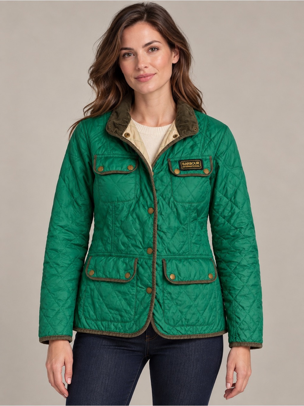 Barbour International Green Quilted Jacket Corduroy Collar Womens US 12 UK 16